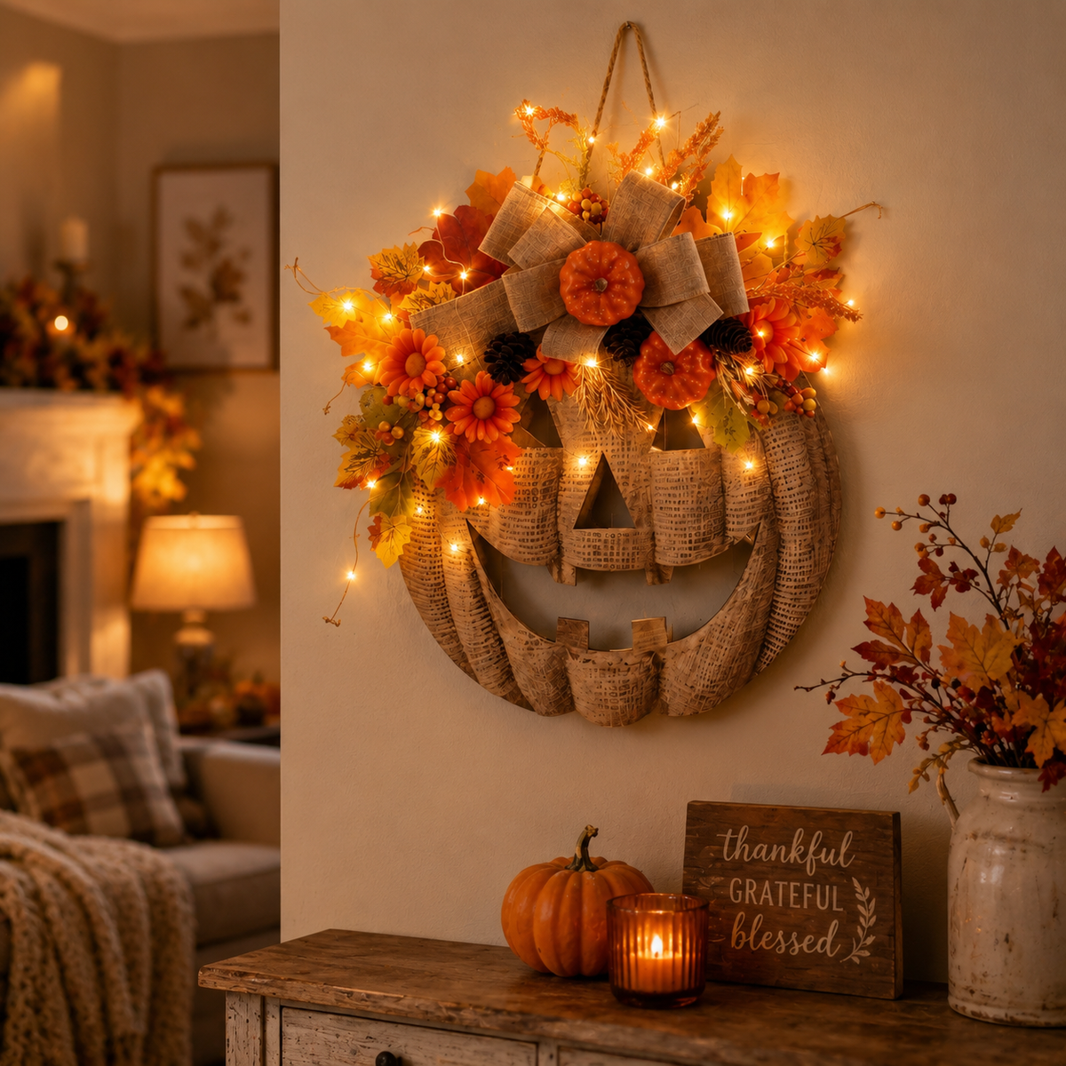 🎃 Lighted Burlap Pumpkin Wreath✨